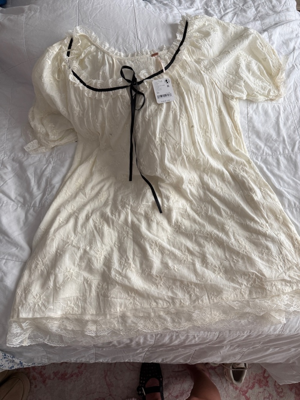 Ivory Embroidered Puff Sleeve Peasant Dress with Black Tie. Free People Xs